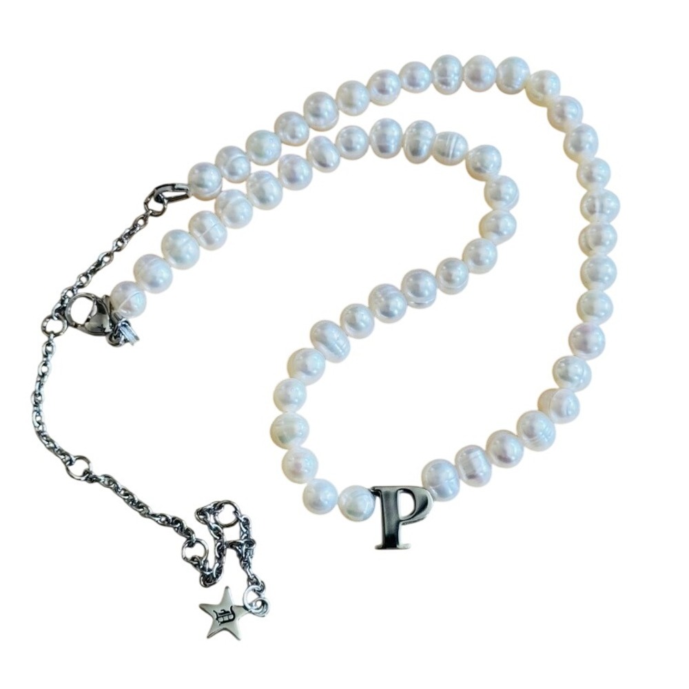 Dalmata Initial letter "P" Pearl Necklace Silver Choker Pearl Goth Rockabilly